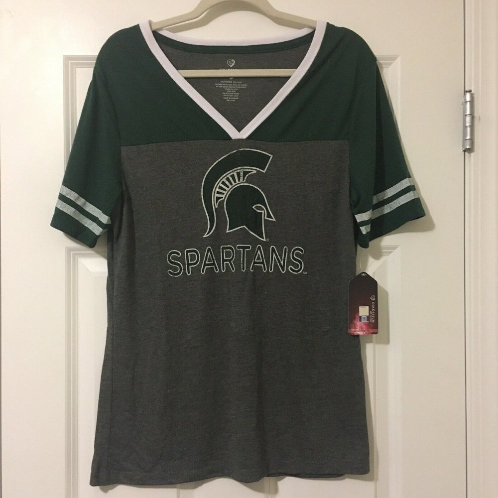 Colosseum Womens Large Grey Green Michigan State Short Sleeve Spartans Shirt NEW